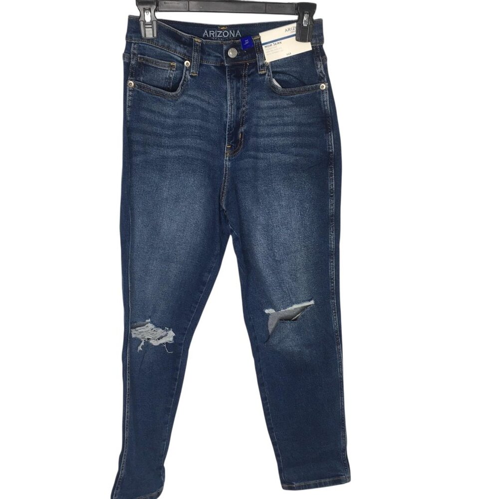 Arizona Jeans Womens 9 Blue Dark Canopy Highest-Rise Mom Jean Distressed Tapered